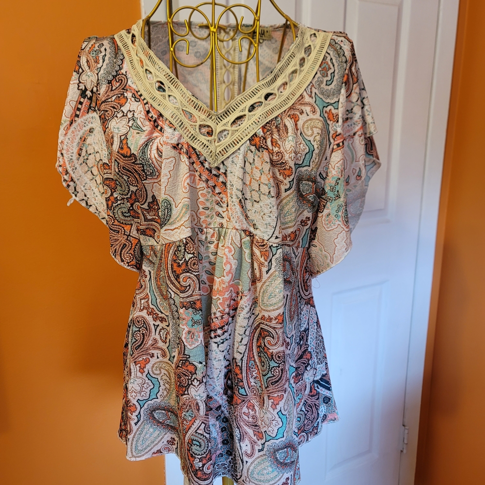 ONE WORLD Multicolor Paisley Blouse with Lace Detail